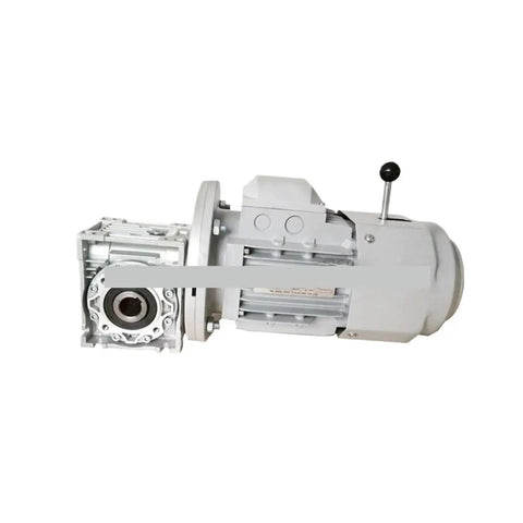 Gray DC motor with attached gearbox and electromagnetic clutch/brake assembly, side view