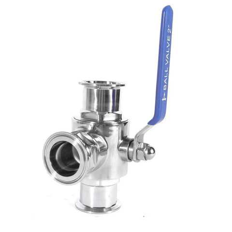 Flow Solutions 1.5in sanitary tri-clamp ball valve with blue lever, stainless steel 304, 3-way tee valve