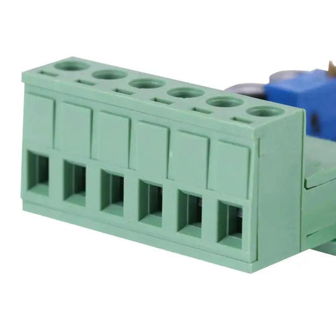Close-up of green terminal block on From 0 To 10 KHz To 0-10 V PWM Digital To Analog Converter Module For PLCs, Industrial Automation