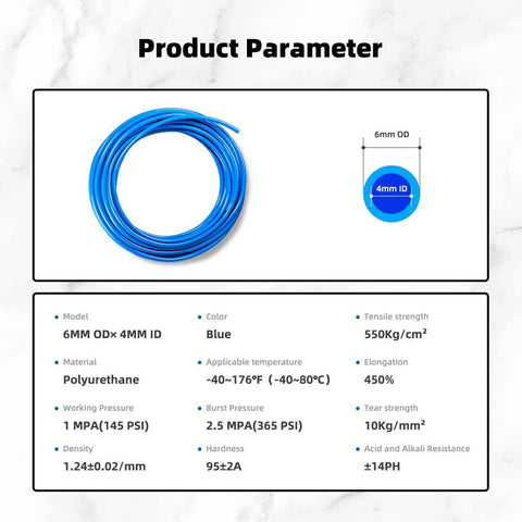 Blue polyurethane air hose 6mm OD x 4mm ID, 12 m coil for air line or fluid transfer