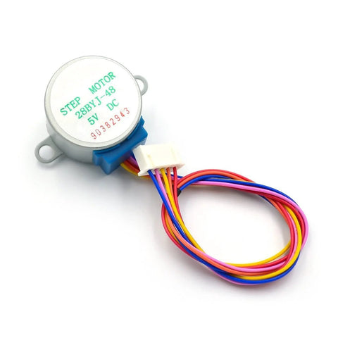 28BYJ-48 5V stepper motor with multicolor wires and white connector, round silver can with blue mounting