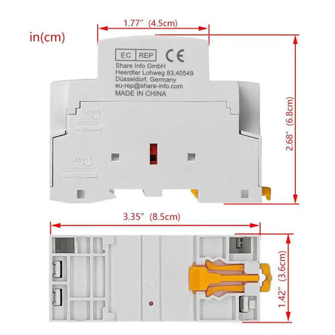 Back view of AC Contactor 63A 2 Pole Workhorse With Two Normally Open Contacts, 110V Coil, 35mm DIN Rail Mount, dimensions shown