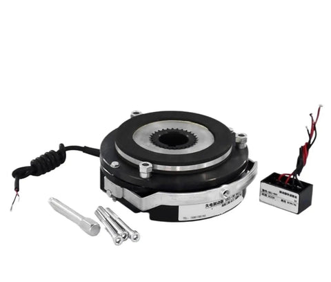 DHM3 electromagnetic brake, front view, black housing with silver hub, pure copper coil and wiring module
