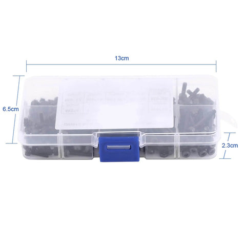 280-Piece M3 Cap Head Hex Socket Bolts And Nuts Assortment Set in compact plastic box with dimensions for tight spaces