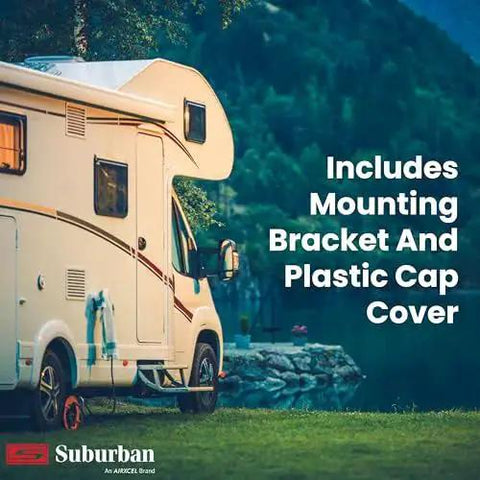 RV parked by lake with text 'Includes Mounting Bracket And Plastic Cap Cover' relating to Automatic Changeover Regulator For RV Propane Gas Supply With Continuous Gas Flow And High Visibility Indicator Through Tank Cover For Safe Convenient Switching Between Service And Reserve Cylinders In Motorhomes And Travel Trailers.