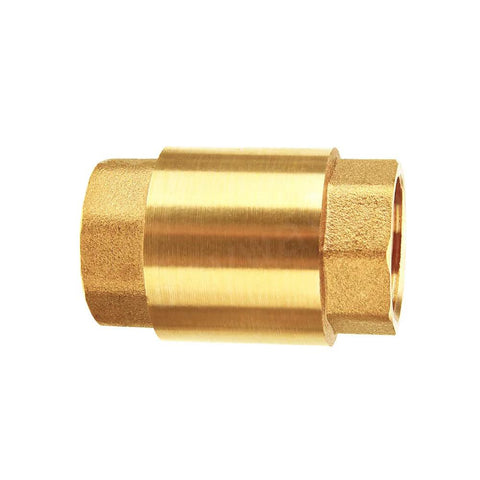 Brass check valve, 3/4 in NPT female threads, hex-ended fittings for backflow prevention.
