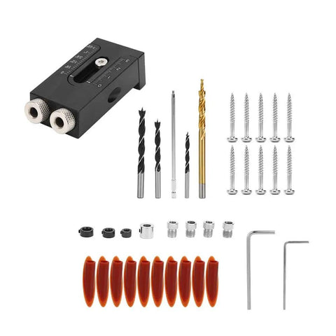 Pocket Hole Jig Kit With Dual Guides And Oblique Drilling Locator with accessories for carpentry and cabinet making.