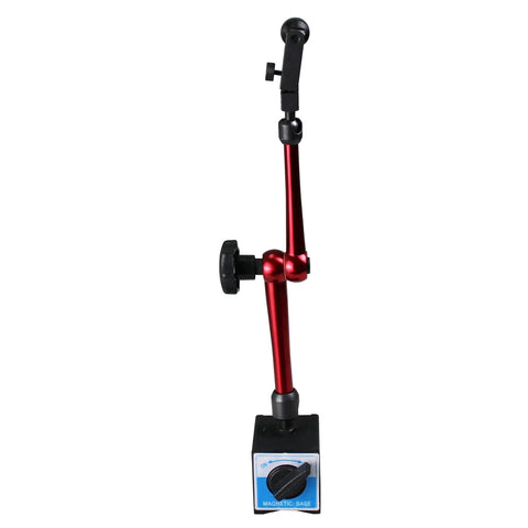 Front view of Heavy Duty Magnetic Base Test Indicator Holder With Digital Level And Adjustable Metal Tool Stand, red and blue base.