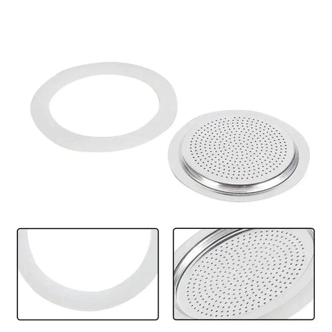 Long Lasting Silicone Gasket Seal For Espresso Moka Pot Replacement, sieve and flexible rubber seal visible, fits 2 cup pots