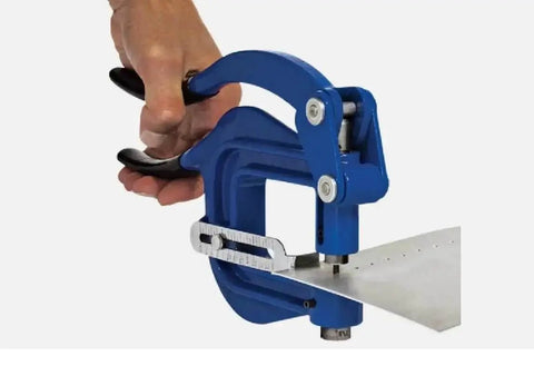 Deep Throat Sheet Metal Punch Kit With Six Die Sizes For Rivet Holes in use, showing hand operation on sheet metal, blue tool design