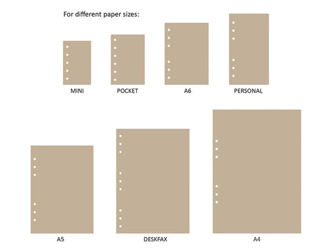 Size chart showing page formats for Adjustable Six Hole Punch for Pocket Journals, A3 to A6, highlighting punch positions for planners.