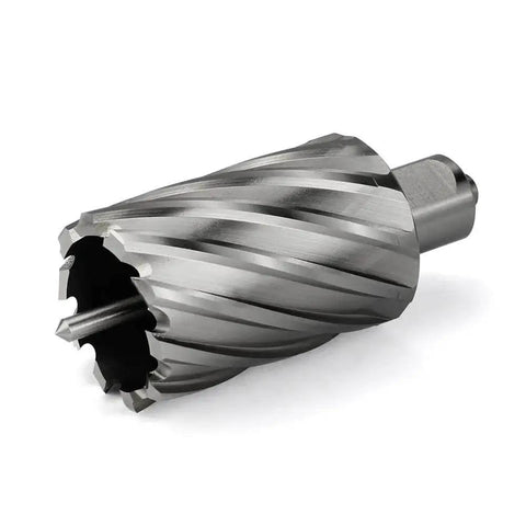Annular Cutter Set For Magnetic Drill Press With Weldon Shank Three Quarters Inch Cutting Diameter One And Five Eighths Inch Two Inch Cutting Depth HSS Slugger Bits Kit For Metalworking And Milling Pro Grade By JESTUOUS showing side view of the cutter.