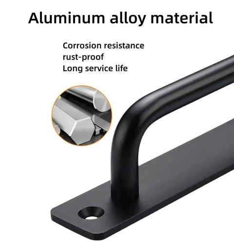 Close-up of Black Aluminium Alloy Barn Door Handles Set of 2, 7 Inch for closet and gate, focusing on material and durability.