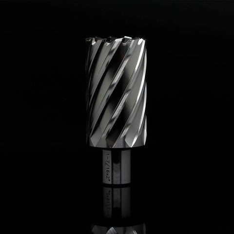 Annular Cutter For Magnetic Drill Press One And Seven Sixteenths Inch Cutting Diameter With Two Inch Cutting Depth Three Quarter Inch Weldon Shank And Two Flats Pilot Pin 6.34x102mm Delivers Holes Up To Ten Times Faster Than Regular Bits For Quick Heavy on black background