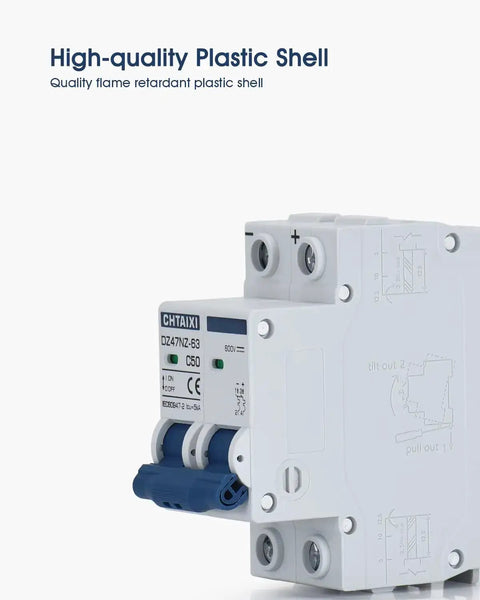 Dc Miniature Circuit Breaker 2 Pole 600V 20 Amp Isolator for Solar PV System With Heavy Duty Thermal Magnetic Trip And Arc Extinguishing DC Disconnect Switch DIN Rail Mount C20, side view.