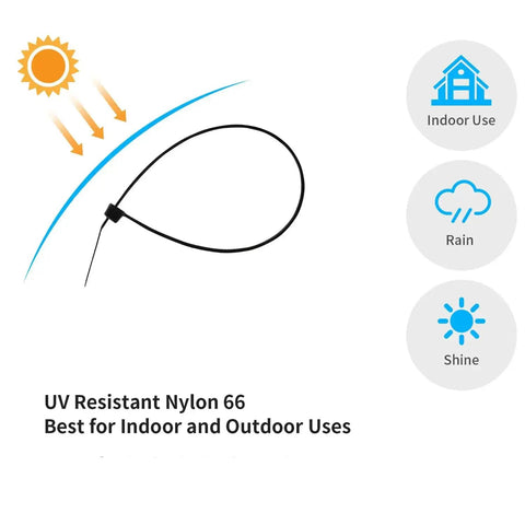 Beefy 12 Inch Zip Ties 1000 Pack Black Nylon PA66 UV Resistant with icons for indoor, rain, and shine use, showing UV protection.