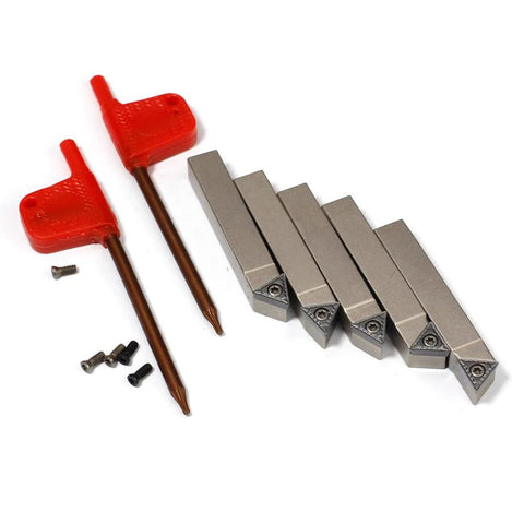 Mini Indexable Lathe Turning Tool Set With 5 By 16 Inch Shank Nickel Plated Carbide Inserts TCMT090204 includes tool holders, inserts, screws, and wrenches.
