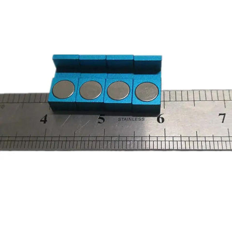 Magnetic Parallel Keepers For Vise And CNC Machining, Ultra Strong Rare Earth Magnets, Durable Aluminum Build With Blue Powder Coat next to a ruler