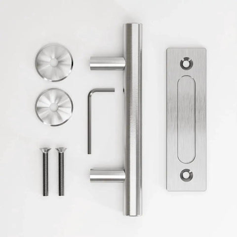 Sliding Barn Door Handle Double Sided Pull And Flush Embedded Invisible Stainless Steel kit with accessories on white background