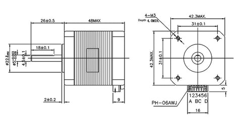 NEMA 17 stepper motor technical drawing, 48mm body, 4-lead connector, side and top views.