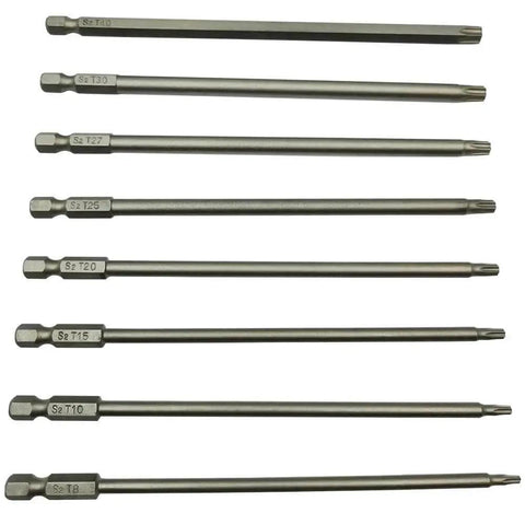 Long Torx Security Screwdriver Bit Set 6 Inch Length 150mm One Quarter Inch Hex Shank Eight In One 8 Piece T8-T40