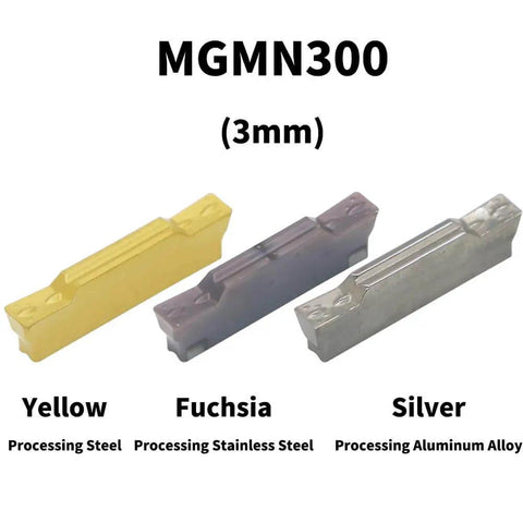 Three MGMN300 carbide blades in yellow, fuchsia, and silver for processing steel, stainless steel, and aluminum alloy.