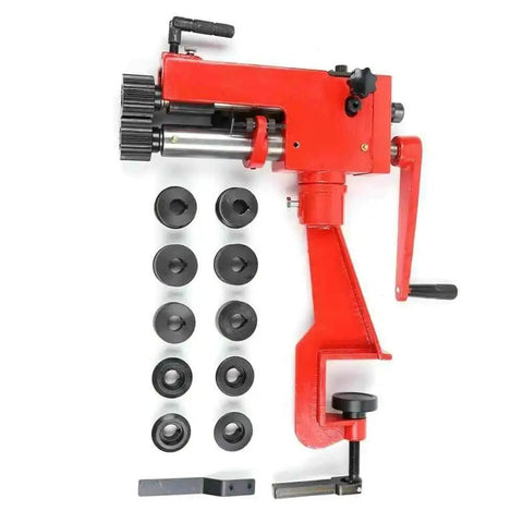 Pro Grade 7 Inch Sheet Bead Roller And Steel Bender For Low Carbon Metal with 6 Die Sets, manual hand-crank, red color, side components visible