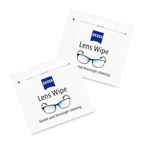 Two individually wrapped Zeiss Lens Wipes for optics cleaning, labeled with logo and glasses illustration. Includes focus keyword: Zeiss Lens Wipes 120 Pack Pre Moistened For Camera And Optics Cleaning.