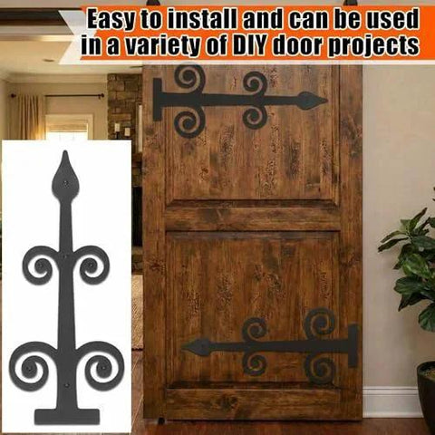 Two Pack 16 Inch Black Wrought Iron Gate Hinges Decorative Hardware Heavy Duty Rust Resistant Dummy Strap Fence Hinges installed on door