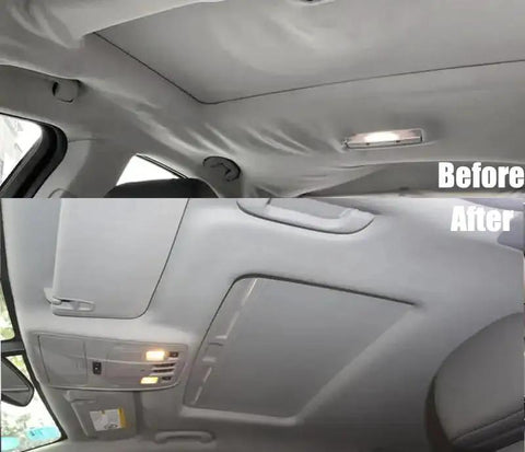 Before and after of Dark Gray 60 Inch By 76 Inch Mesh Headliner Fabric With Foam Backing For Auto installed in car interior