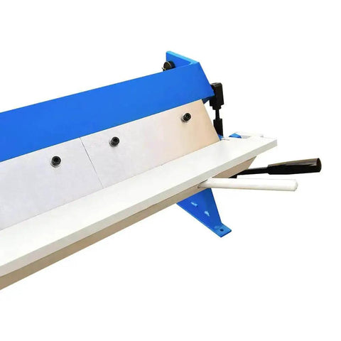 Close-up of 24 Inch Pan And Box Brake For Metalworking Bends Up To 20 Gauge Mild Steel 1 Millimeter With Removable Fingers on bench