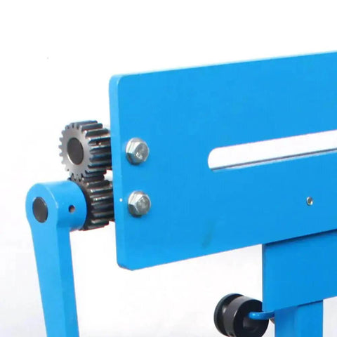 Close-up of manual bead roller kit with 1.2mm gear drive, showing steel gears and bench-mounted structure for sheet metal work.