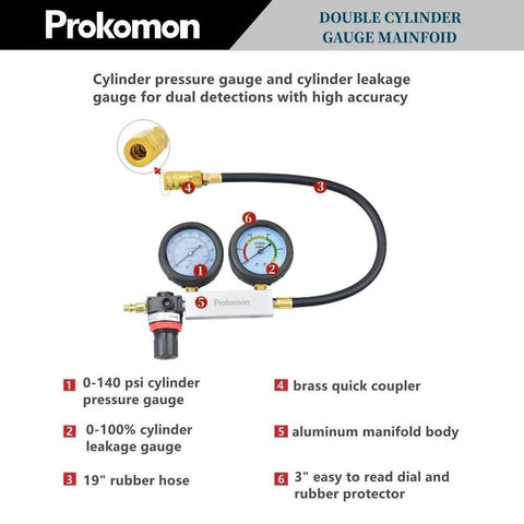 Engine Cylinder Leak Down Tester Kit For Gasoline Engines With Extension Rod Prokomon Dual Gauge Set, front view