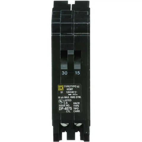 Front view of HOMT3015 Miniature Circuit Breaker for Home Panels With Thermal Magnetic Protection, 15 Amp, UL Listed