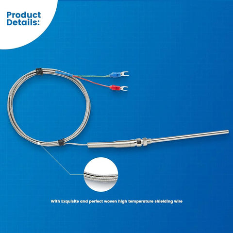 K-type thermocouple temperature sensor with a 100mm stainless steel probe and 2m braided shielded wire with red and blue plug leads.