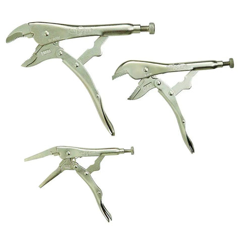 Heavy-Duty Locking Pliers Set, 3-Piece Kit For Tightening, Clamping, Twisting And Turning, Heat-Treated Alloy Steel With Hardened Teeth For Maximum Grip From Any Angle, Includes 10WR And 7R Sizes, Irwin Vise-Grip, showing full set