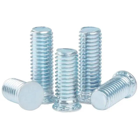 Five Galvanized Steel Flat Head Self Clinching Threaded Stud Bolts 8-32 x 1/2 Inch on display