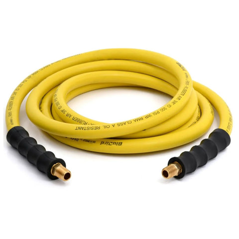 OilShield Next-Gen air hose, 3/8 in x 15 ft, yellow rubber, brass fittings, Amazon brand, coiled
