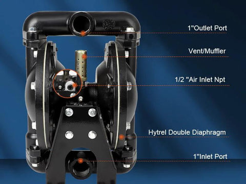 Air operated double diaphragm pump for chemical and waste oil transfer, black with 1/2 in air inlet and 1 in inlet and outlet ports