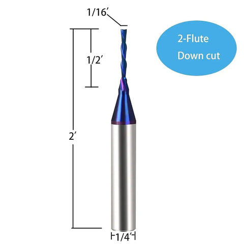 Carbide Plunge Down Cut End Mill For Wood One Sixteenth Inch Cutting Diameter One Quarter Inch Shank Two Inch Overall Length With Nanco Blue Coating CNC Router Bit For Wood Carving Engraving BRD222 DashHound Two Pack