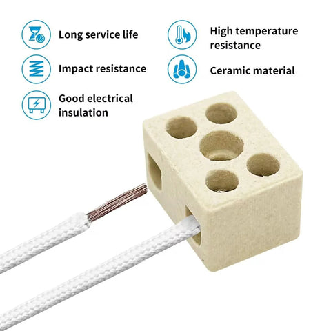 Ceramic terminal block wire connectors, porcelain 4-hole block with two wires inserted