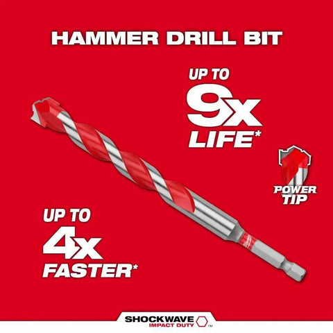 Shockwave Impact Duty 10 Piece Carbide Hammer Drill Bit Set For Concrete Block And Brick With One Quarter Inch Hex Shank 4X Faster Drilling Dynamic Cutting Edges Longer Life Milwaukee featuring red drill bit.