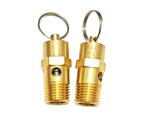 Two brass 1/4" NPT pressure relief valves, 30 PSI, for air compressors (set of 2).
