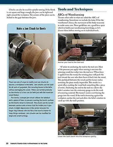 Complete Starter Guide To Woodturning On The Lathe For Beginners With 8 Practical Projects And Beginner Friendly Real World Techniques For Quick Beautiful Turnings Fox Chapel Publishing showing a lathe with a wooden bowl being turned, and text instructions for woodturning.
