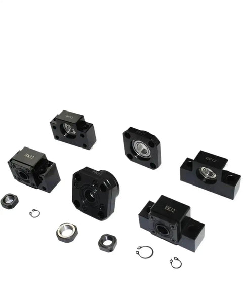 End Support Bearing For Miniature Ball Screw Nut Housing Fits SFK0802 SFK1002 SFK0601 C5 FKFF10 and components laid out on surface.