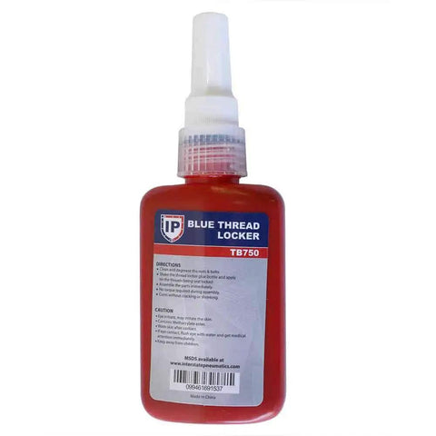 Front view of a red bottle labeled 'Blue Thread Locker TB750' by Interstate Pneumatics.