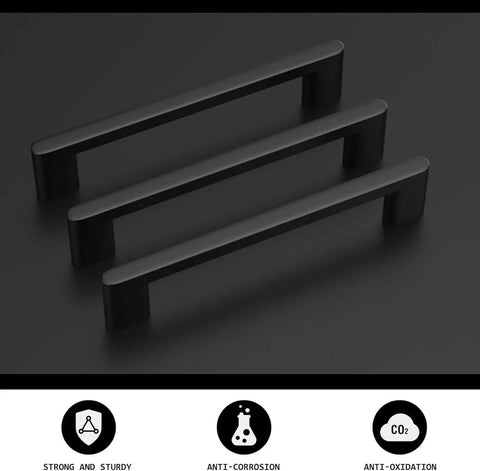 10 Pack 5 Inch Matte Black Cabinet Pulls For Kitchen Cabinets, Dresser Drawers, And Cupboards, Modern Square Aluminum Alloy Handles, Easy Install, Durable Hardware, Sleek Upgrade For Your Furniture And Home Decor, three handles displayed
