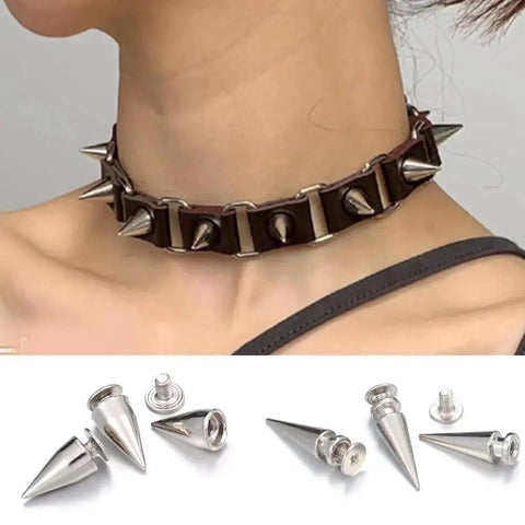 Close-up of 10 Screwback Studs 7x14mm Round Cone Spikes Zinc Alloy Rivets on a choker and loose spikes on display