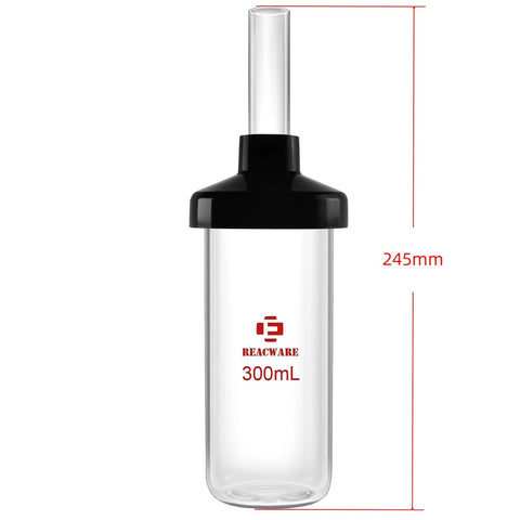 Laboratory lyophilization flask, REACWARE, 300 mL, clear glass with black stopper, front view.