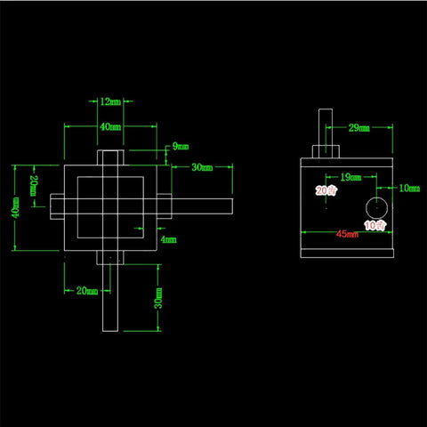Technical diagram highlighting dimensions of the Right Angle Worm Gearbox 1 To 2 Turbine Transmission Reducer With 6mm Shaft, 90 Degree Drive.